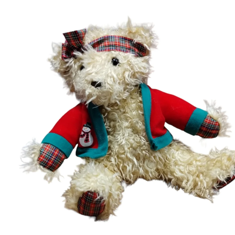 ✓VTG Hallmark Christmas Stuffed Merrily Bear w/ Snowman Coat + Bow Headband 11in - Picture 1 of 13